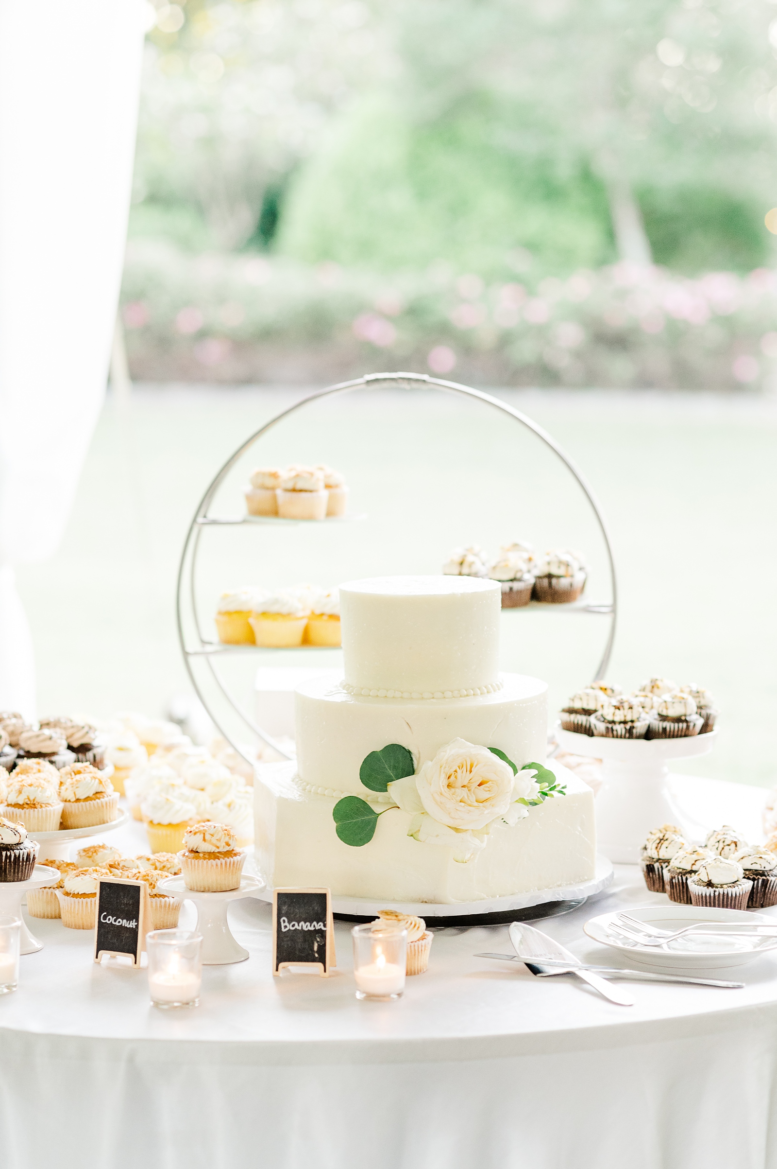 Elegant Cake and Cupcake Table for Summer Estate Wedding Reception. Photography by Virginia Wedding Photographer Kailey Brianne Photography. 