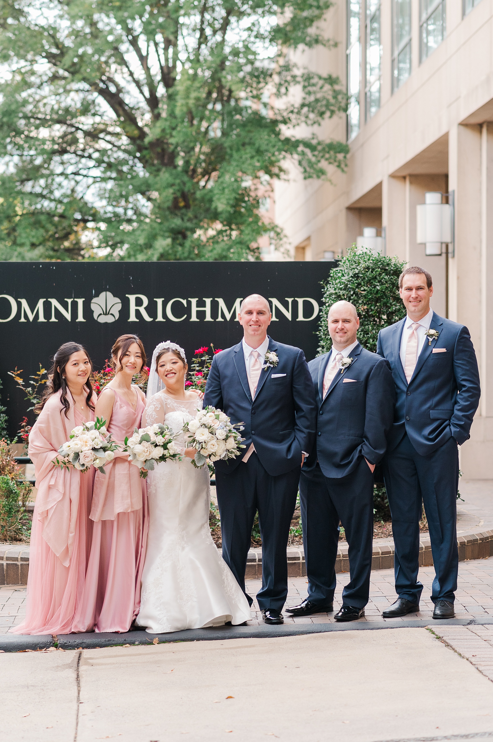 Bridal Party with Pink dresses at Richmond Omni Hotel Intimate Wedding. Photography by Virginia Wedding Photographer Kailey Brianne Photography. 