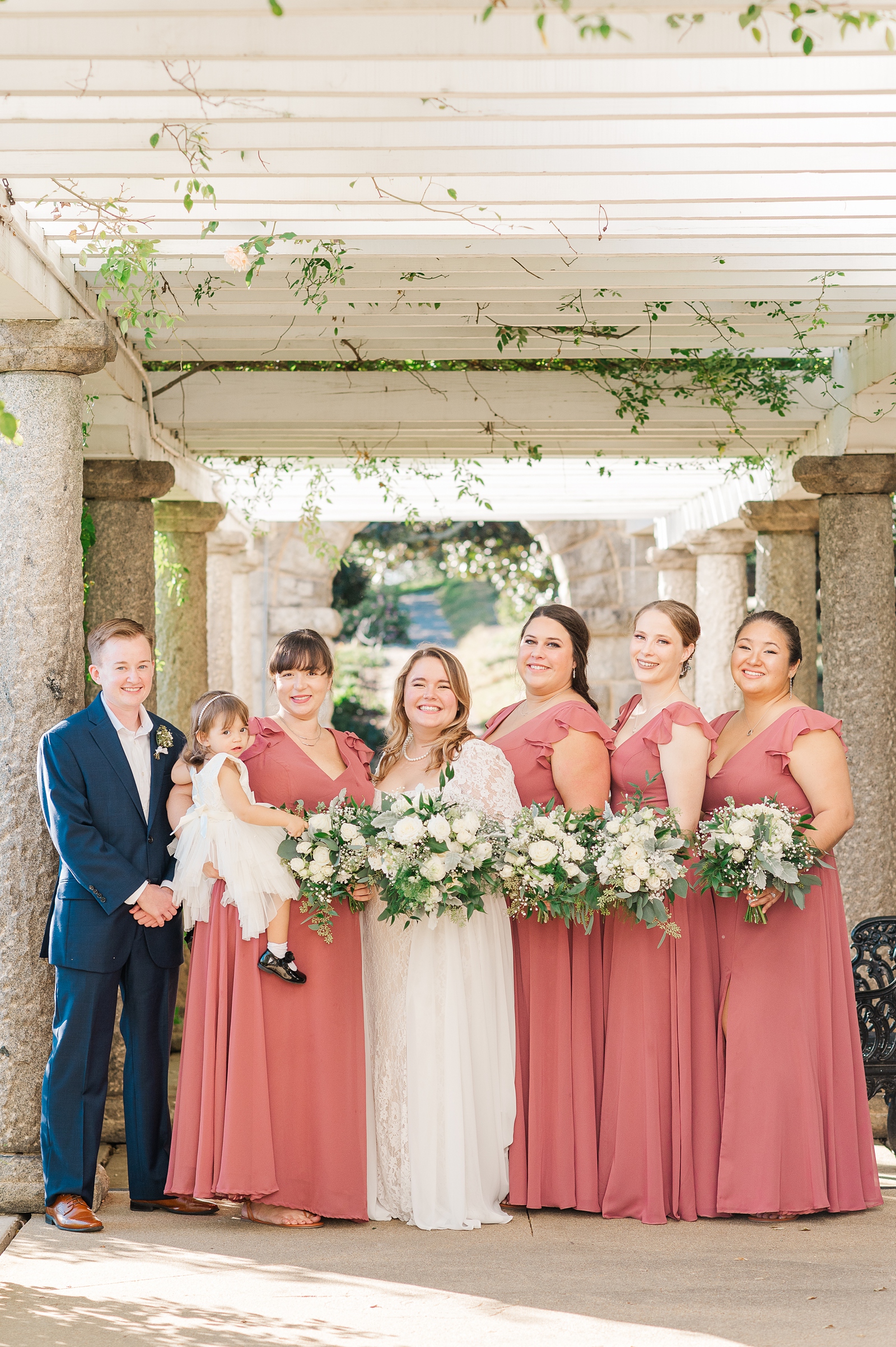 Bridesmaid Portraits with Pink Dresses and Flower Girl in the Italian Gardens at Maymont Wedding. Richmond Wedding Photographer Kailey Brianne Photography.