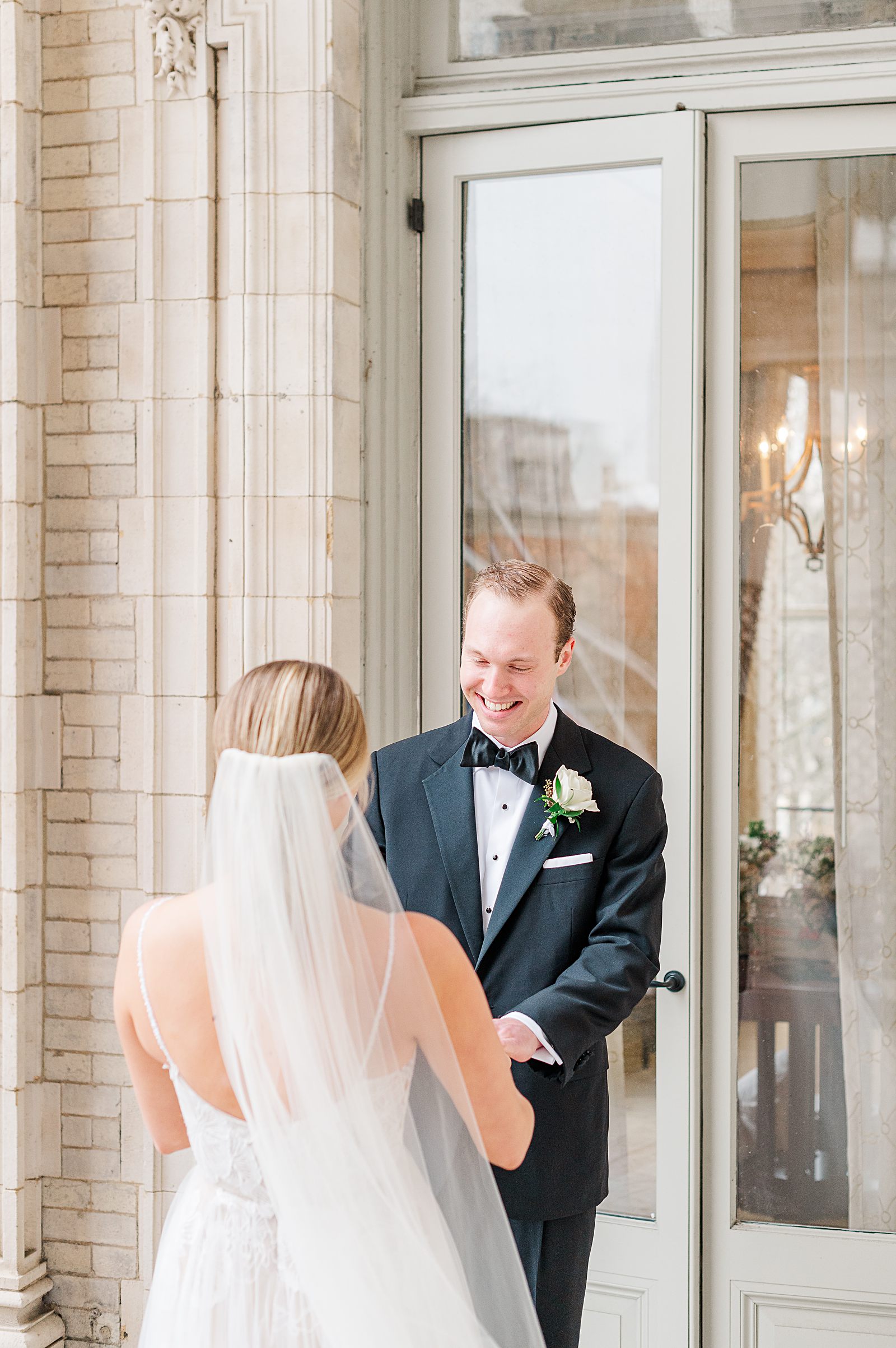 Bride and Groom First Look at Jefferson Hotel Winter Wedding. Richmond Wedding Photographer Kailey Brianne Photography