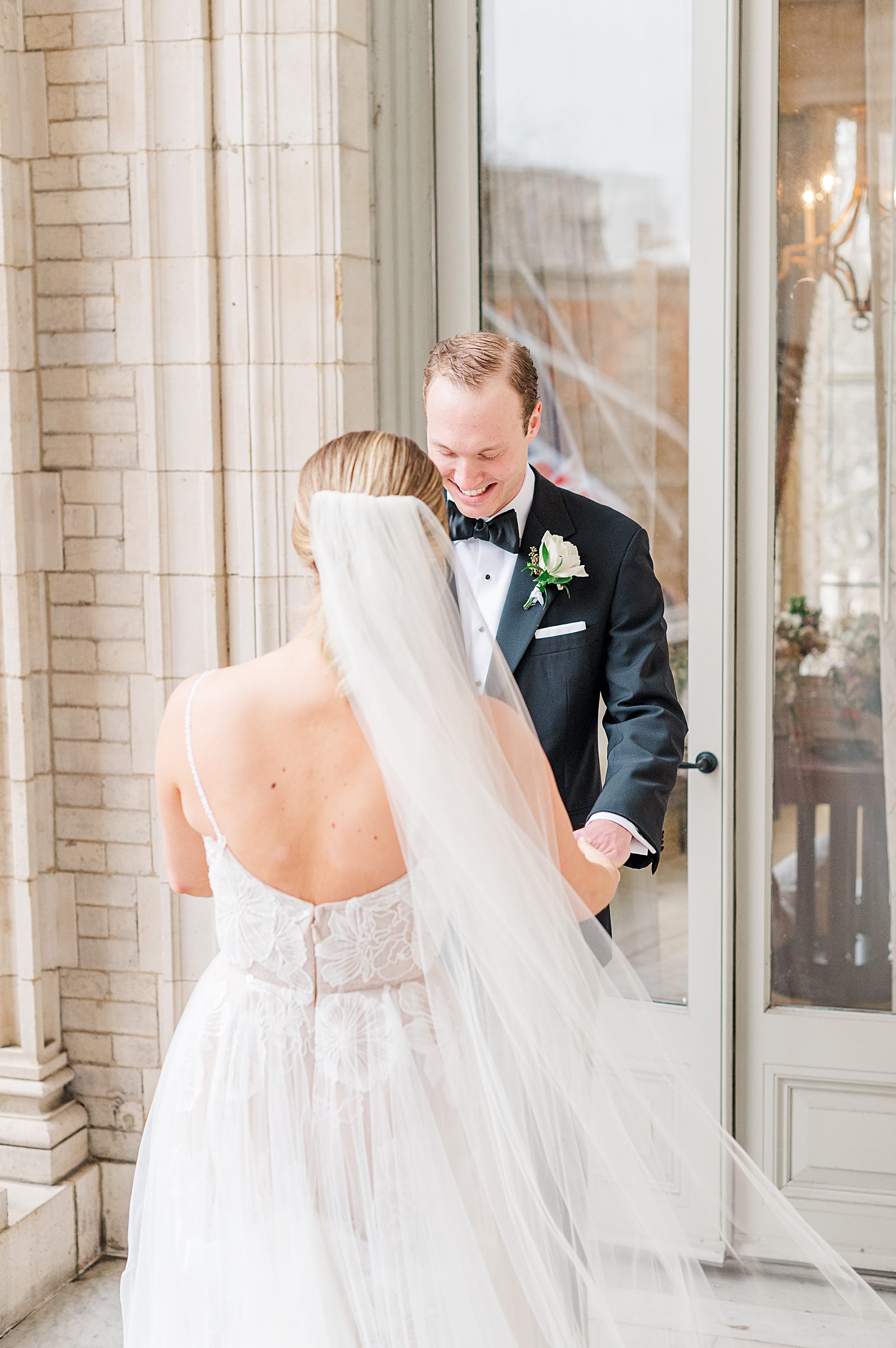 Bride and Groom First Look at Jefferson Hotel Winter Wedding. Richmond Wedding Photographer Kailey Brianne Photography