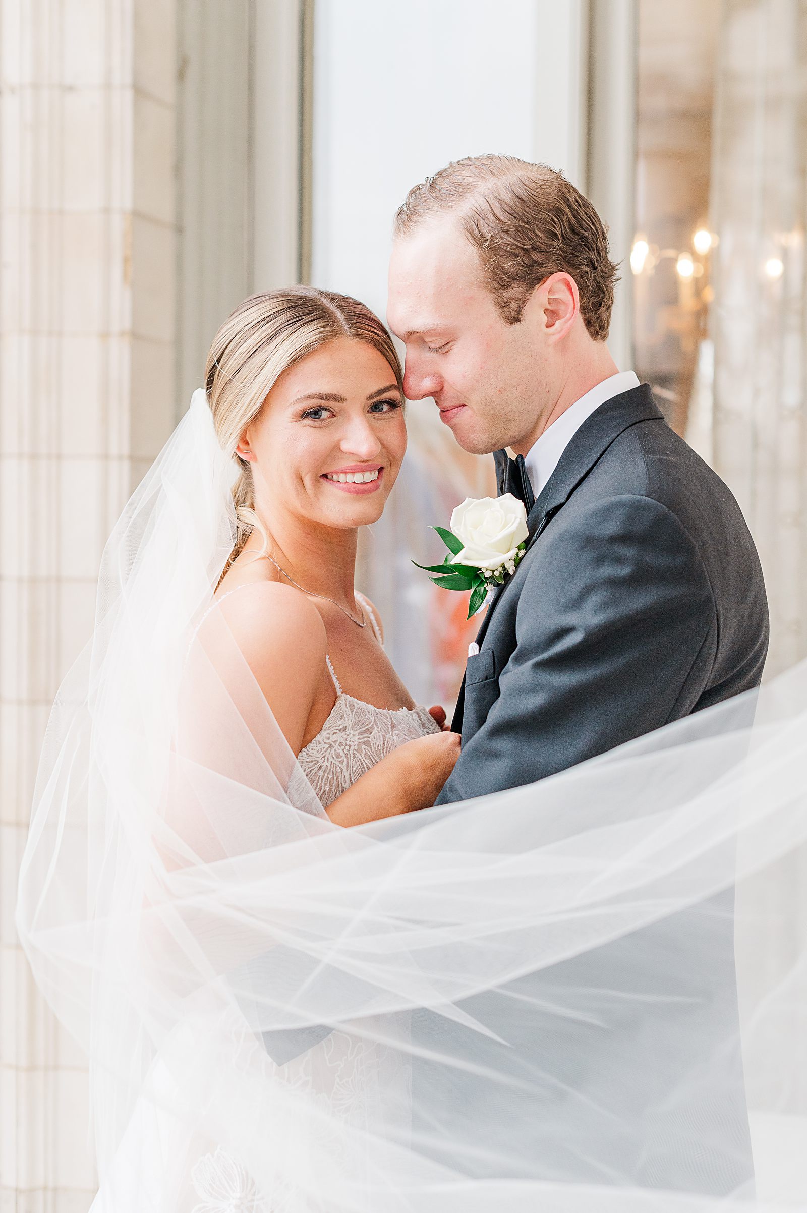 Bride and Groom Portraits with veil at Jefferson Hotel Winter Wedding. Virginia Wedding Photographer Kailey Brianne Photography