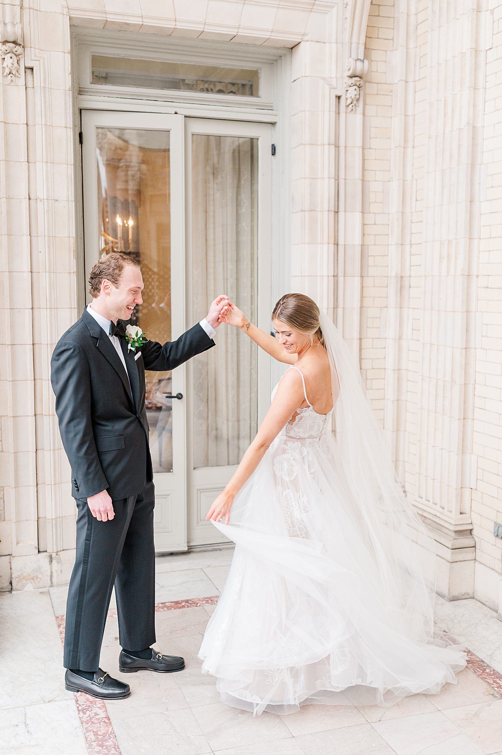 Bride and Groom Portraits with veil at Jefferson Hotel Winter Wedding. Virginia Wedding Photographer Kailey Brianne Photography