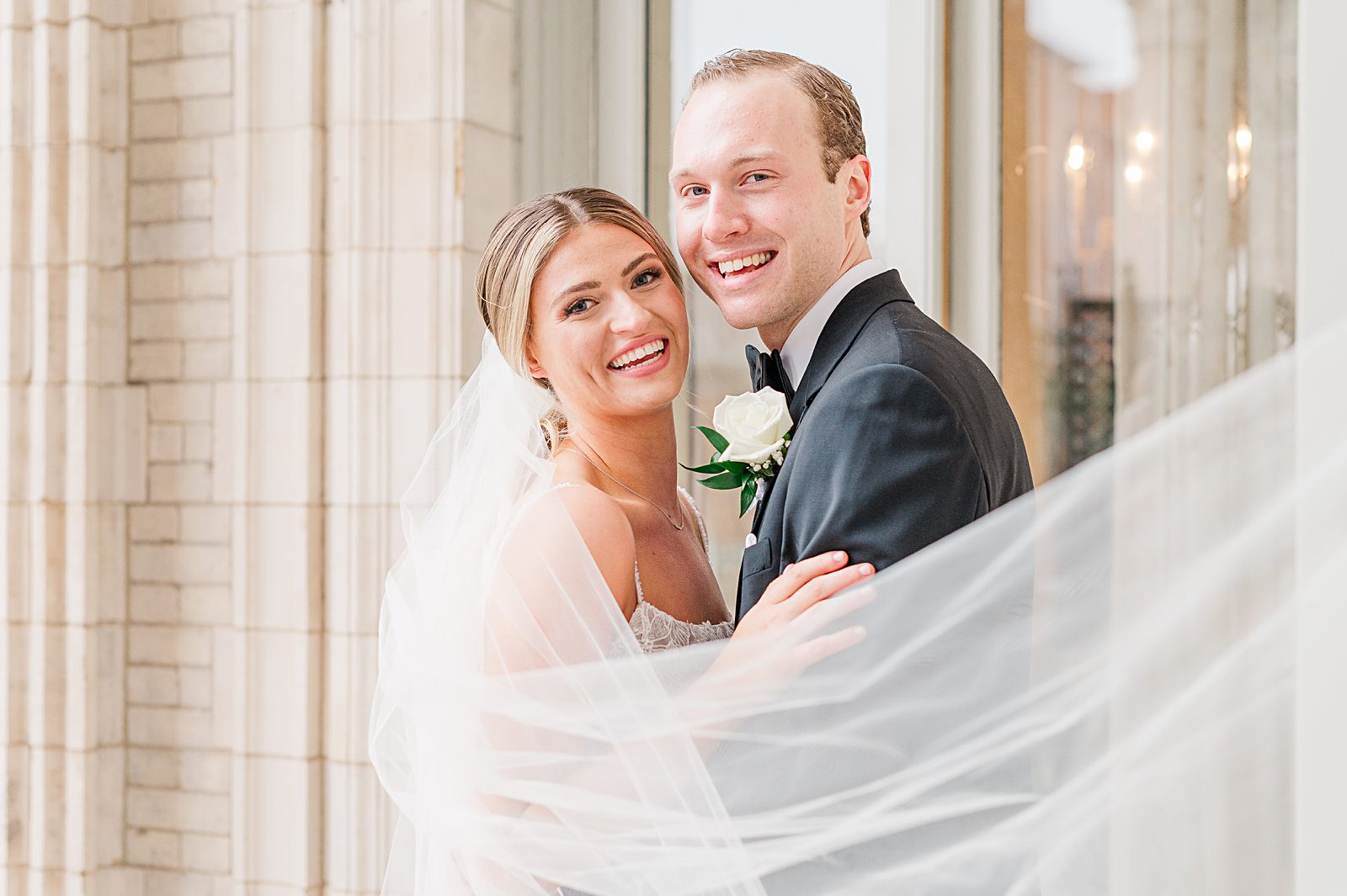 Bride and Groom Portraits with veil at Jefferson Hotel Winter Wedding. Virginia Wedding Photographer Kailey Brianne Photography