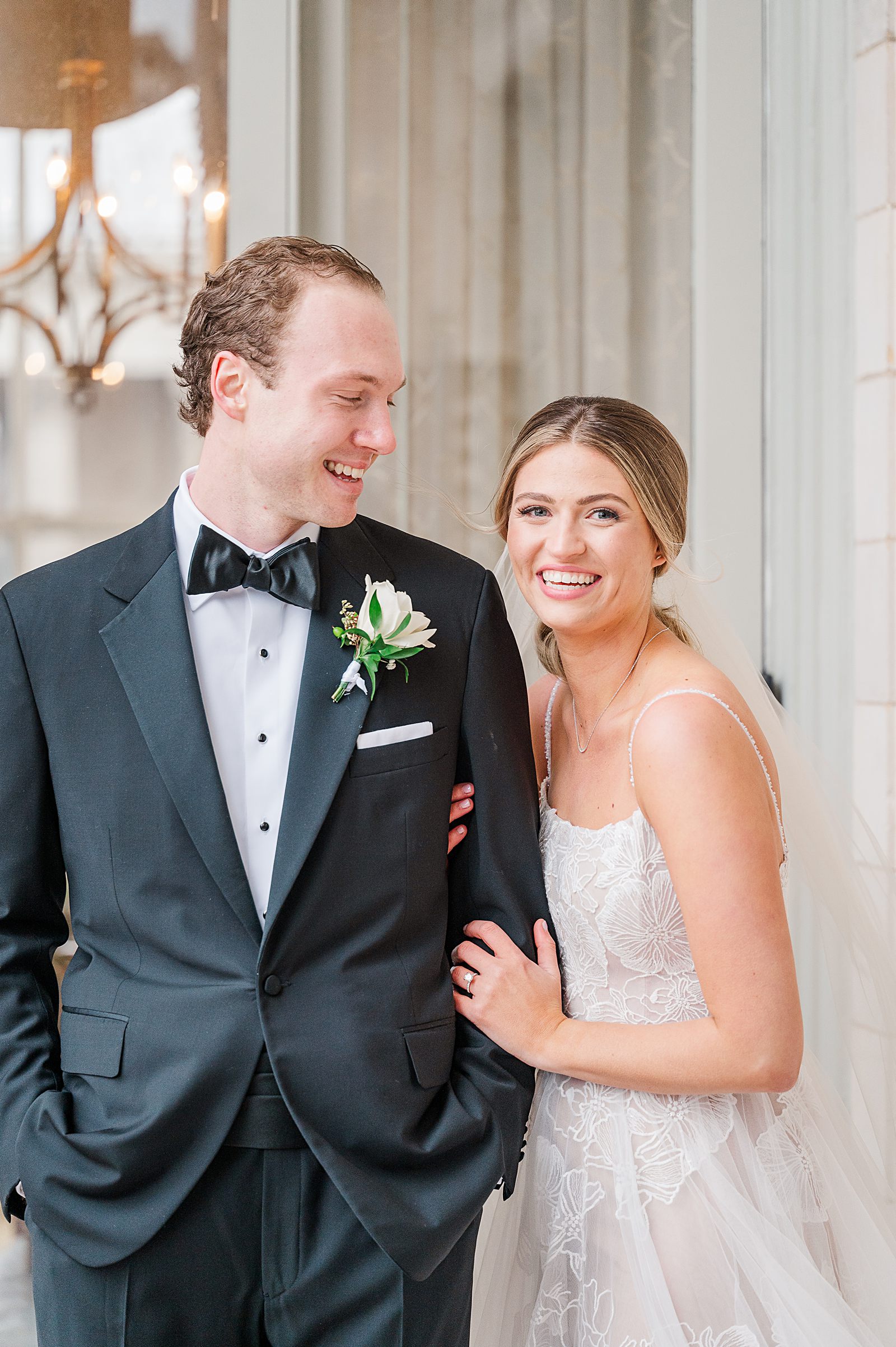 Bride and Groom Portraits with veil at Jefferson Hotel Winter Wedding. Virginia Wedding Photographer Kailey Brianne Photography