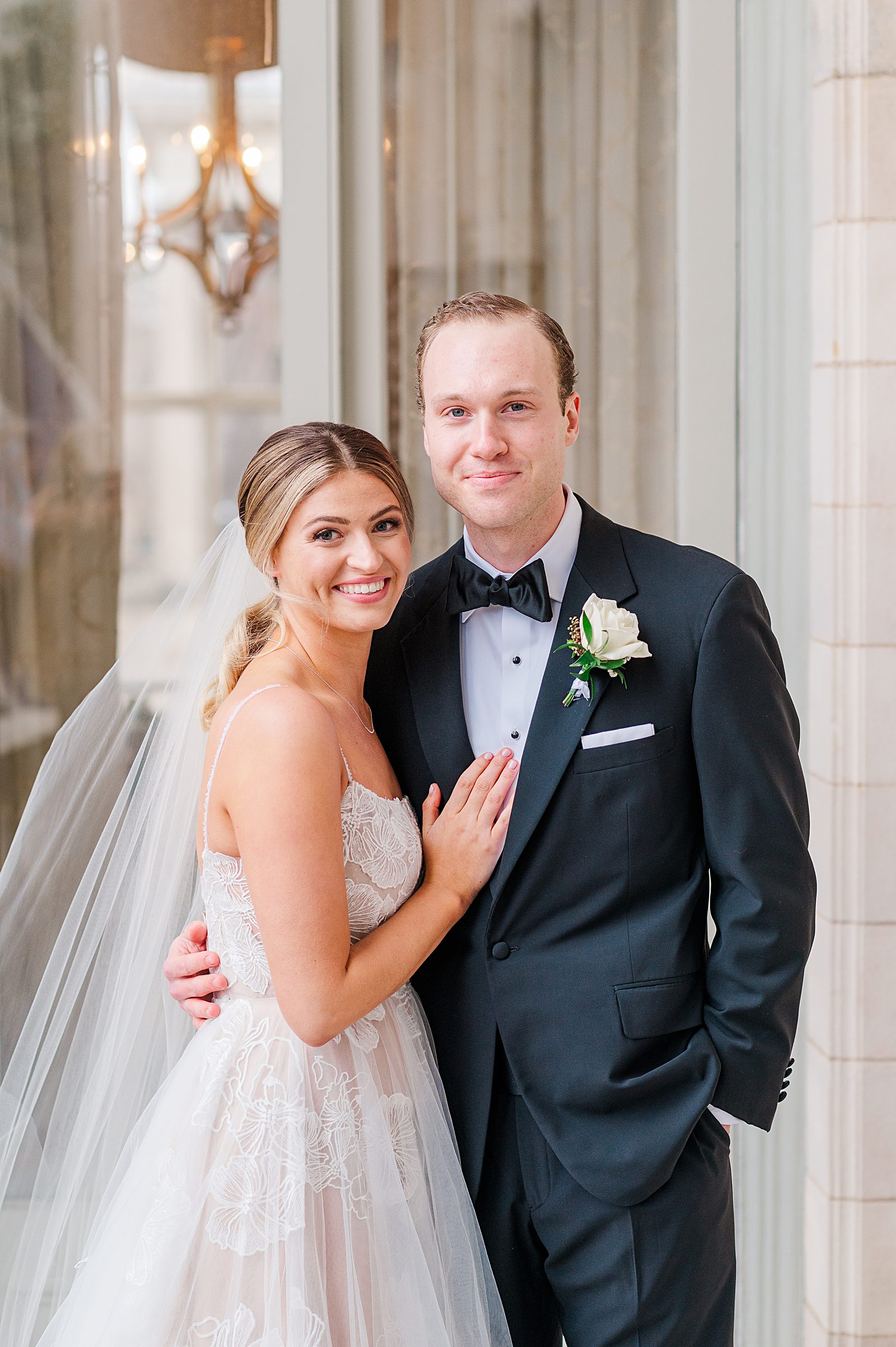 Bride and Groom Portraits with veil at Jefferson Hotel Winter Wedding. Virginia Wedding Photographer Kailey Brianne Photography