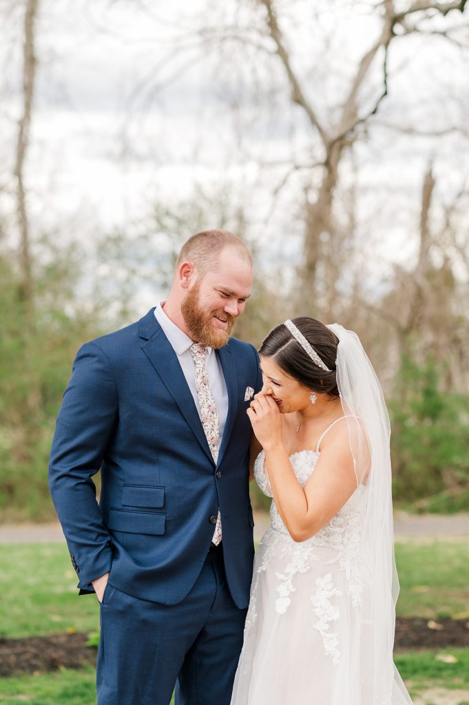 Bride and Groom First Look at Waverly Estate by Virginia Wedding Photographer 
