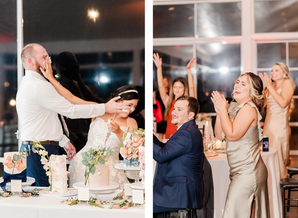 Bride and Groom Smashing Cake in Each Other's Faces at Waverly Estate Wedding Reception. 