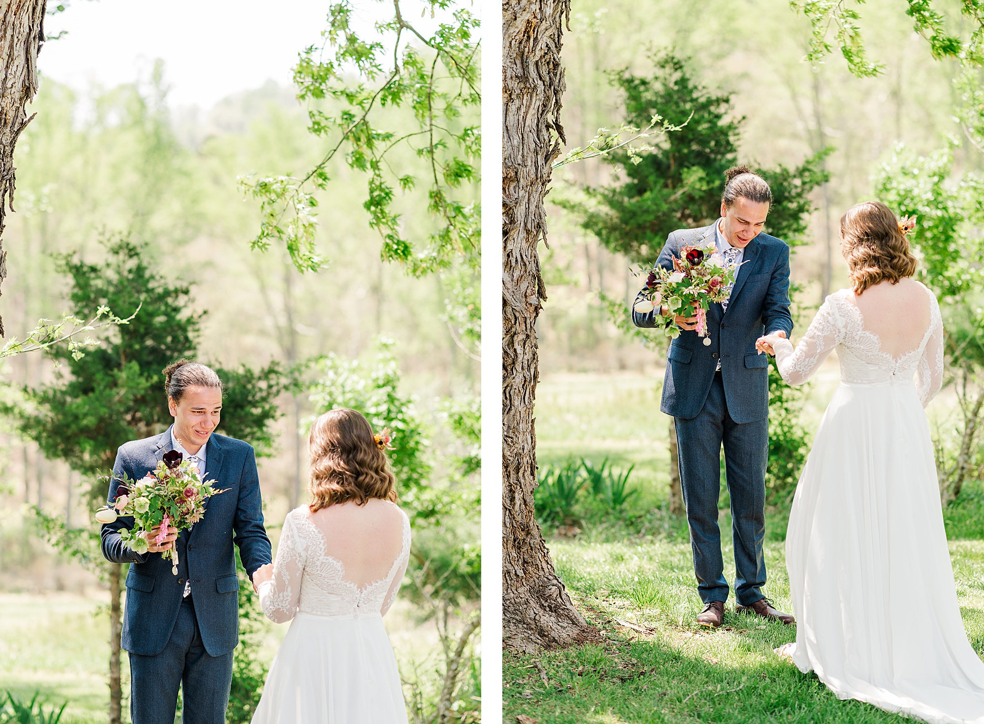 Bride and Groom Emotional First Look at Virginia Cove Wedding Farmville Wedding Photographer