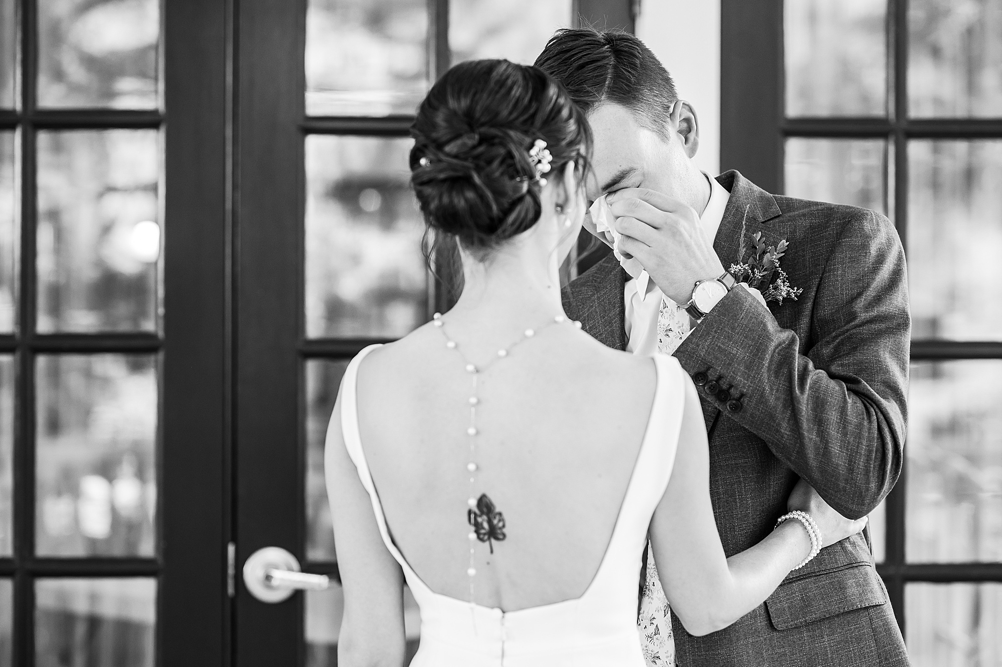 Bride and Groom First Look at Lewis Ginter Botanical Wedding