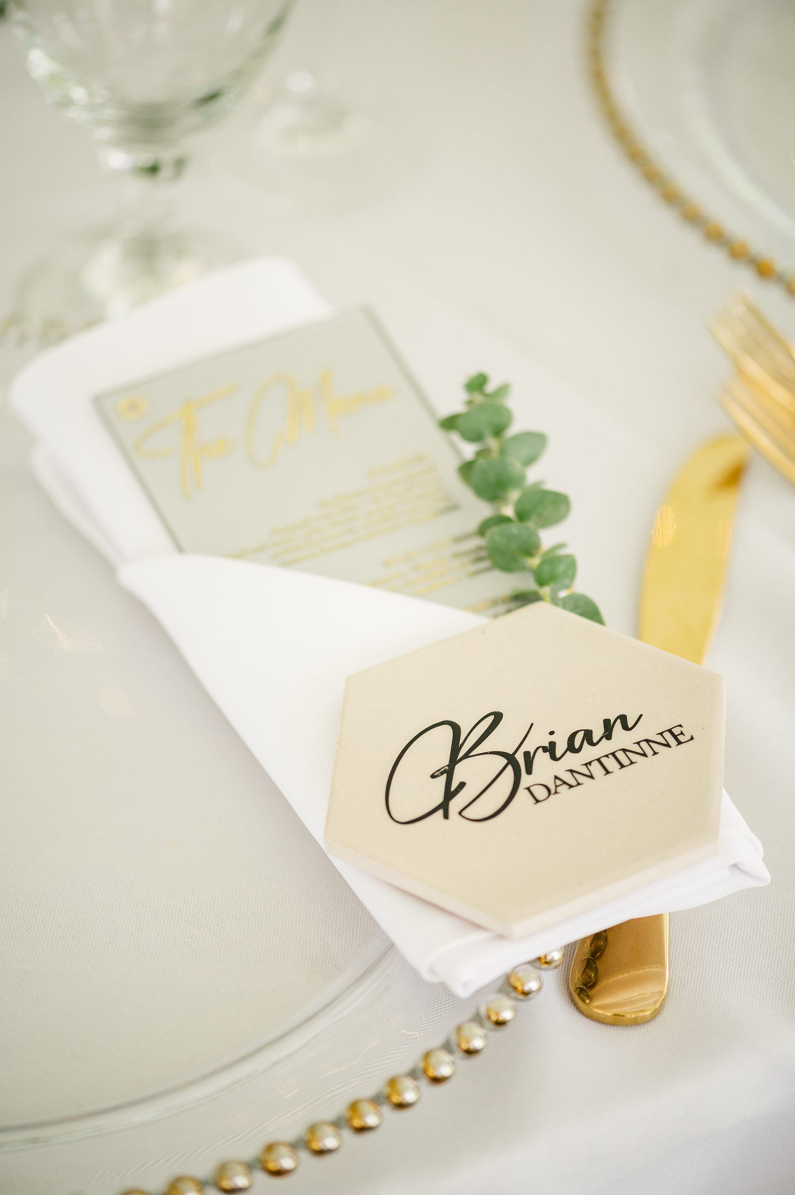 Light and elegant reception decor at spring virginia wedding reception. Custom Name cards and menus 