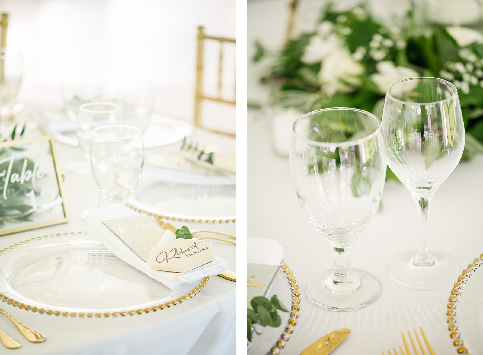 Light and elegant reception decor at spring virginia wedding reception