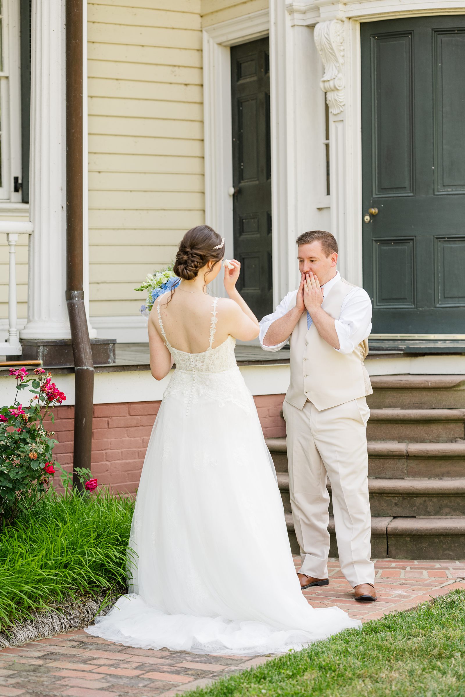 Bride and groom first look at Summer Belle Grove Wedding 