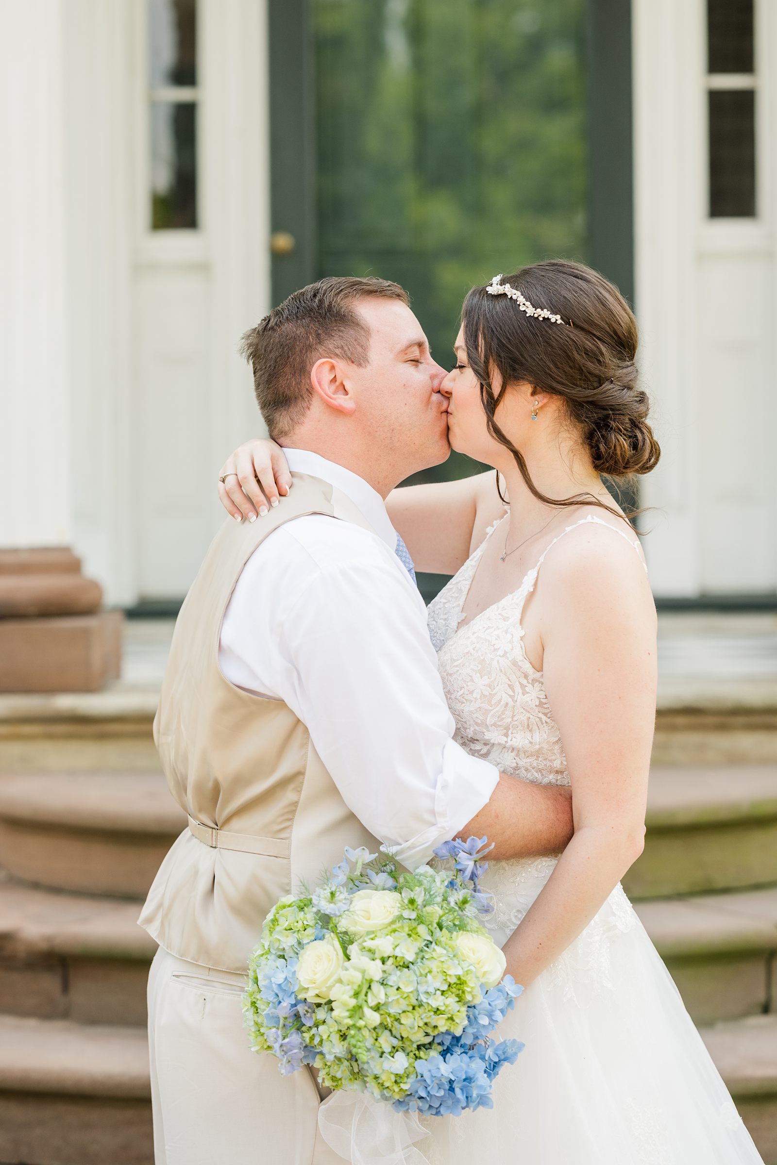 Bride and groom first look at Summer Belle Grove Wedding 
