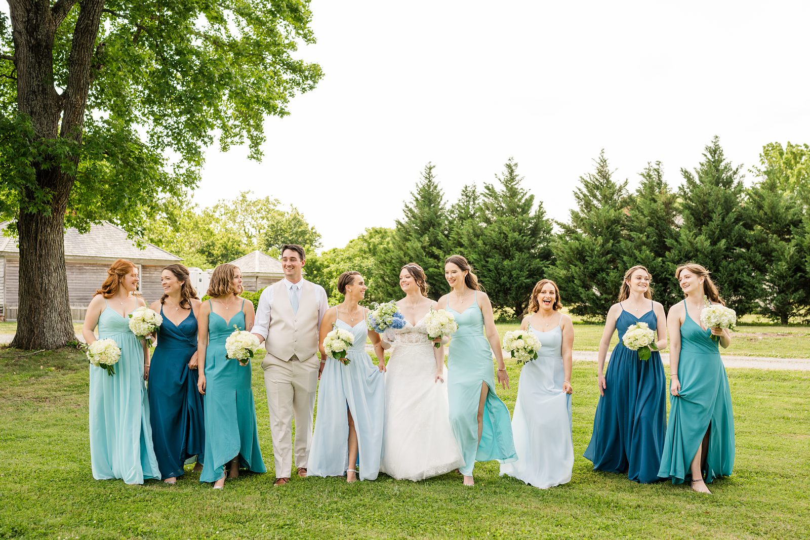 Wedding Party Portraits with mix matched blue dresses at Summer Belle Grove Wedding by Richmond Wedding Photographer