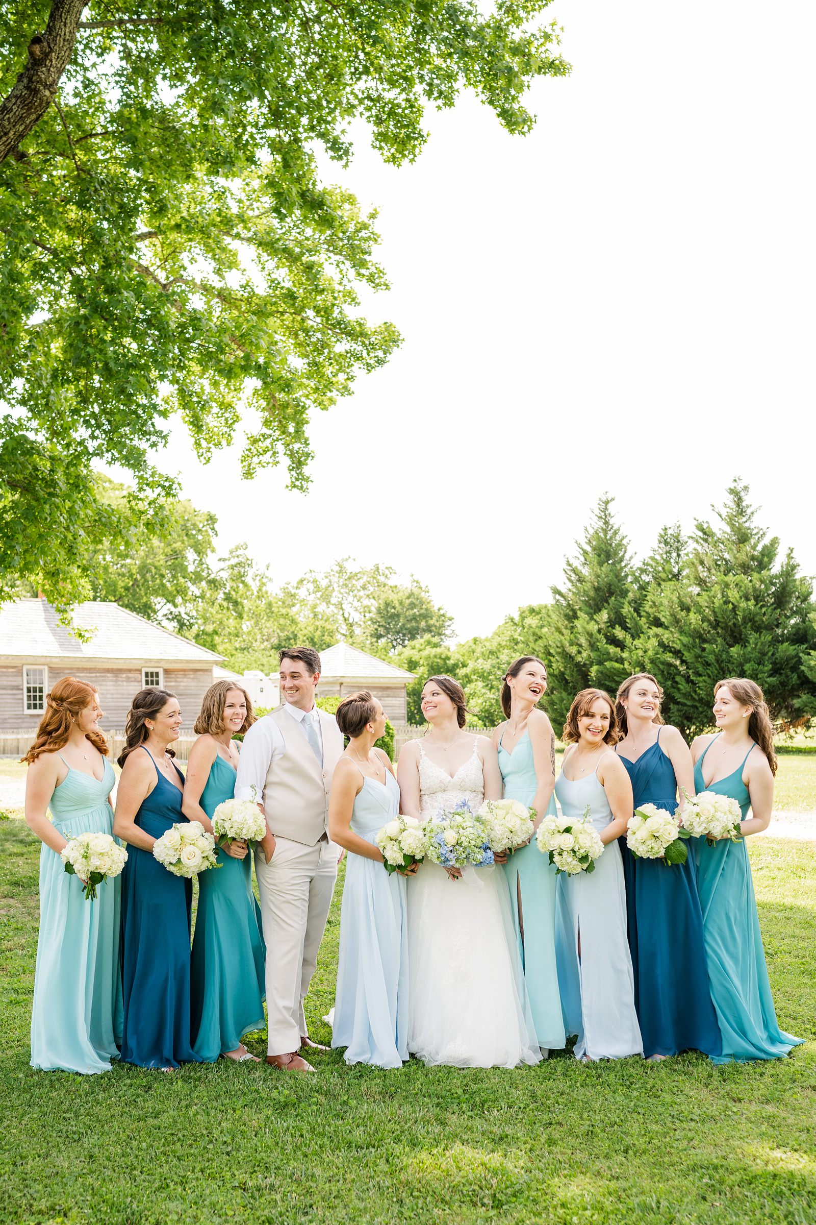 Wedding Party Portraits with mix matched blue dresses at Summer Belle Grove Wedding by Richmond Wedding Photographer
