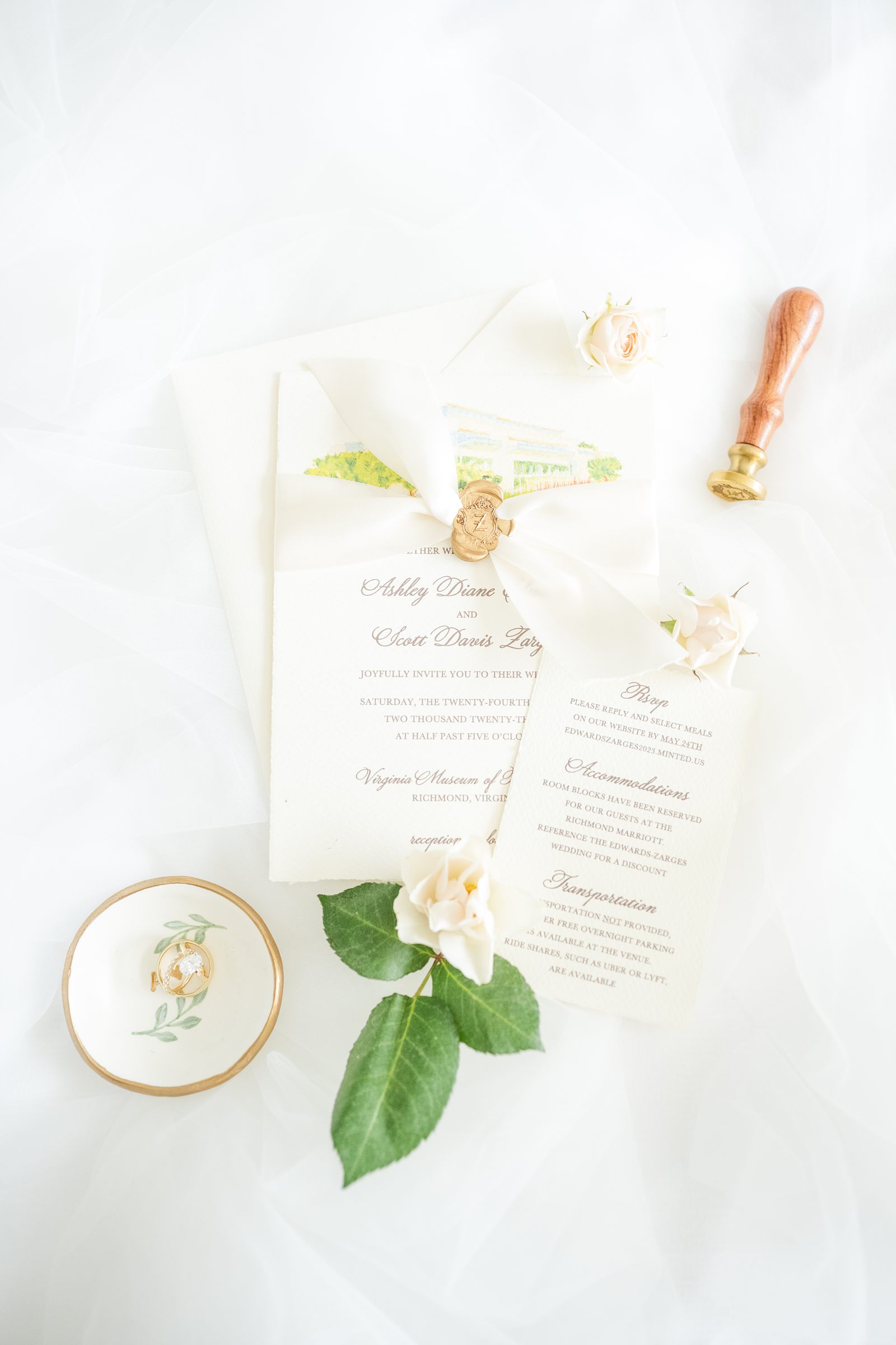 Invitation Suite with gold accents and watercolor painting of venue with wax seal from a Summer VMFA Wedding in Richmond 