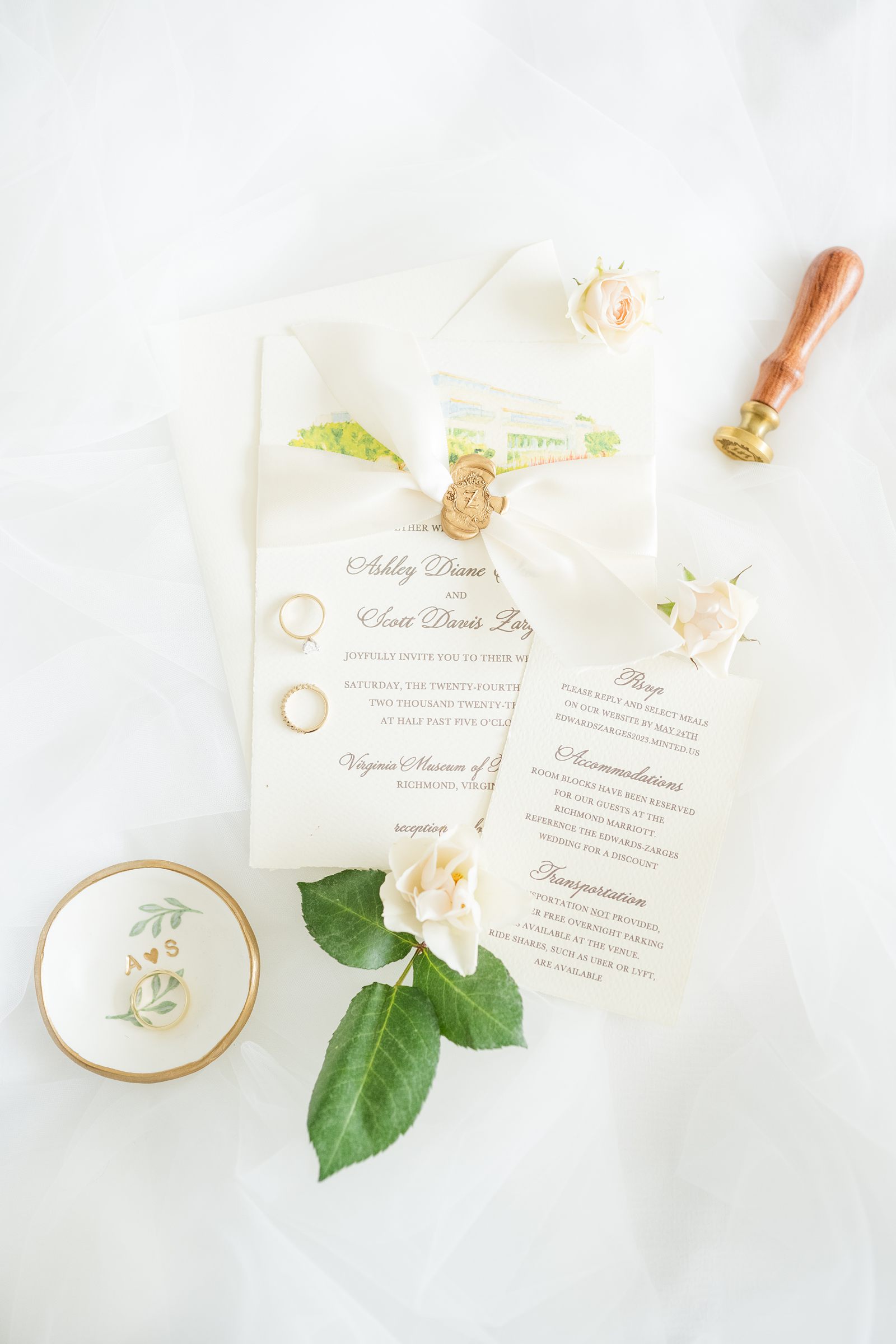 Invitation Suite with gold accents and watercolor painting of venue with wax seal from a Summer VMFA Wedding in Richmond 