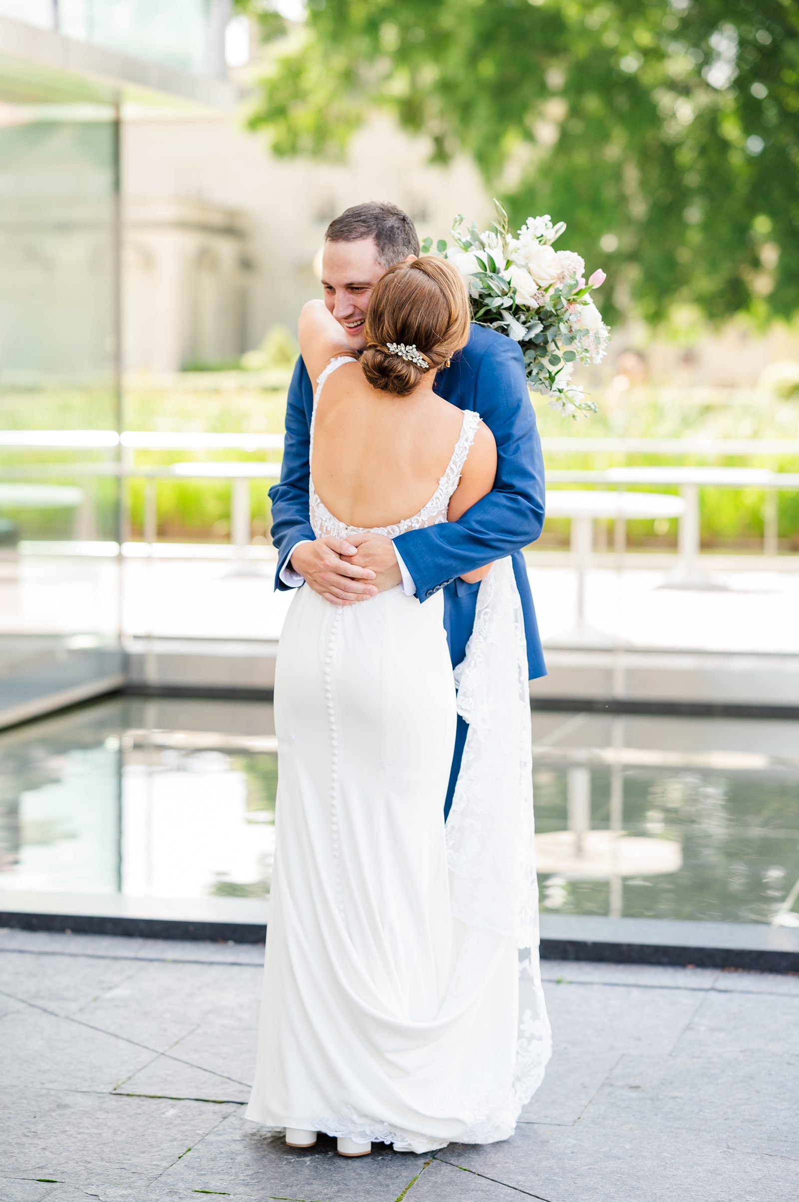 Bride and Groom First Look at Summer VMFA Wedding in Richmond by Richmond Wedding Photographer 