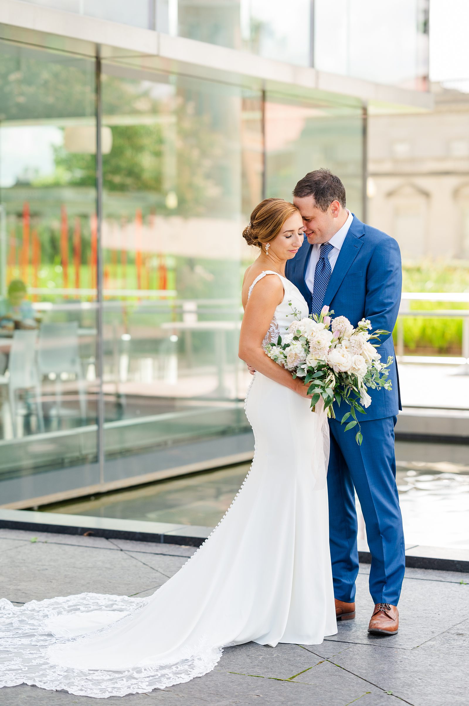 Bride and Groom First Look at Summer VMFA Wedding in Richmond by Richmond Wedding Photographer 