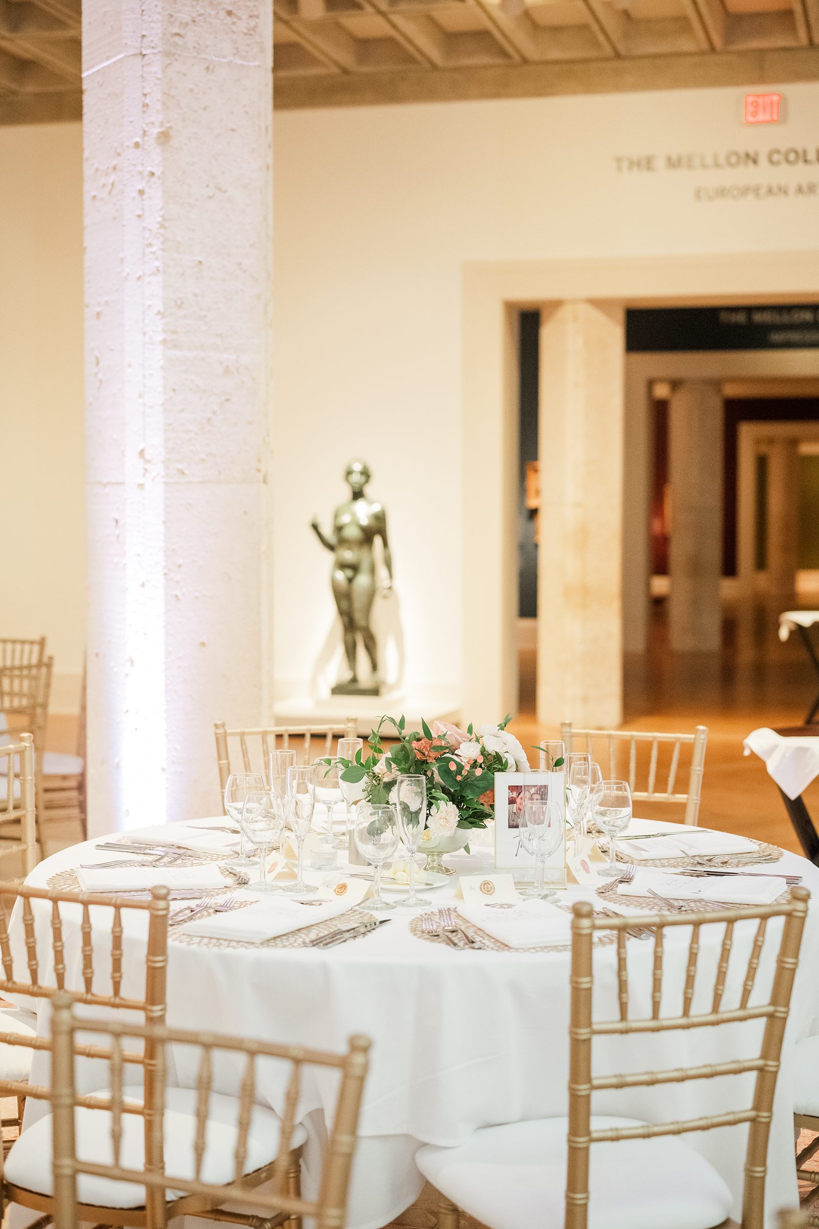Marble Hall Reception Decor at Summer VMFA Wedding by richmond wedding photographer Kailey Brianne Photography  