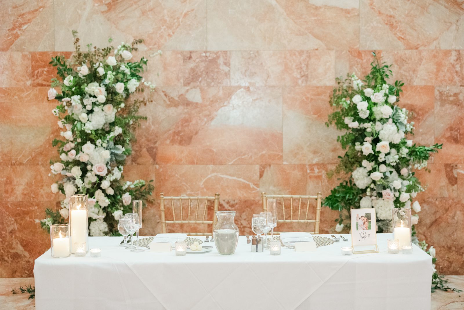 Marble Hall Reception Decor at Summer VMFA Wedding by richmond wedding photographer Kailey Brianne Photography  