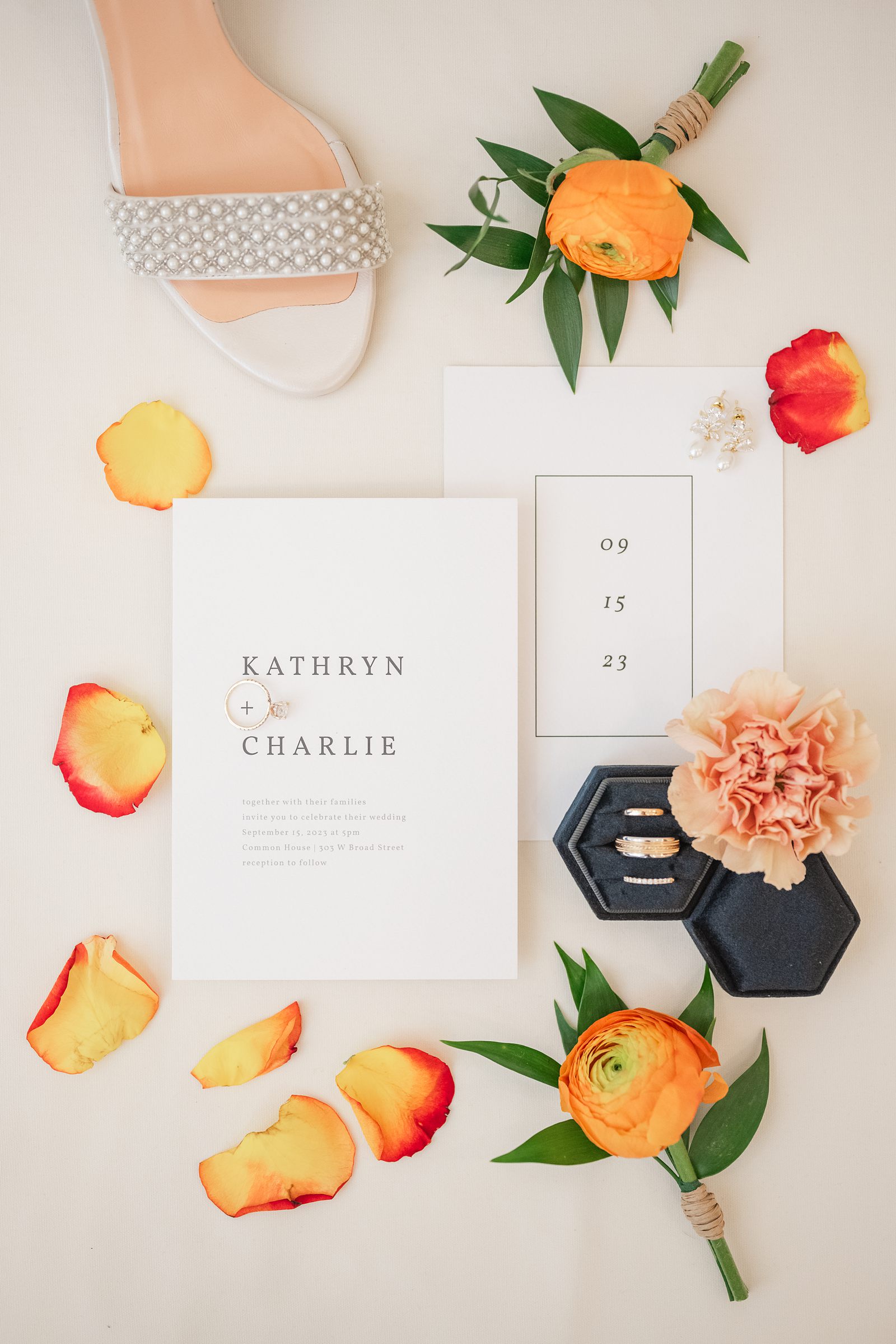 Bridal Details and Invitation Suite at Fall Common House Richmond Wedding 