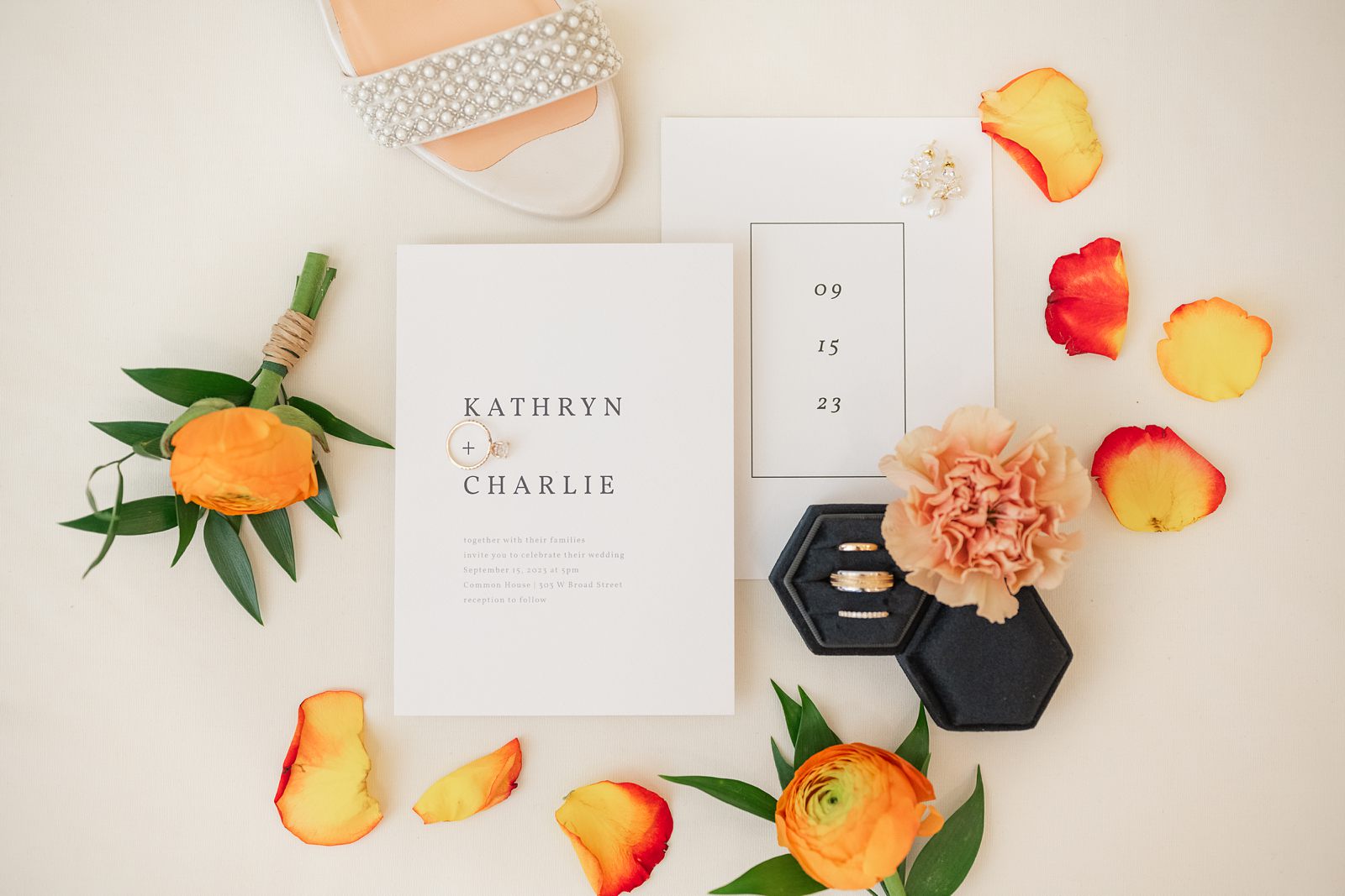 Bridal Details and Invitation Suite at Fall Common House Richmond Wedding 