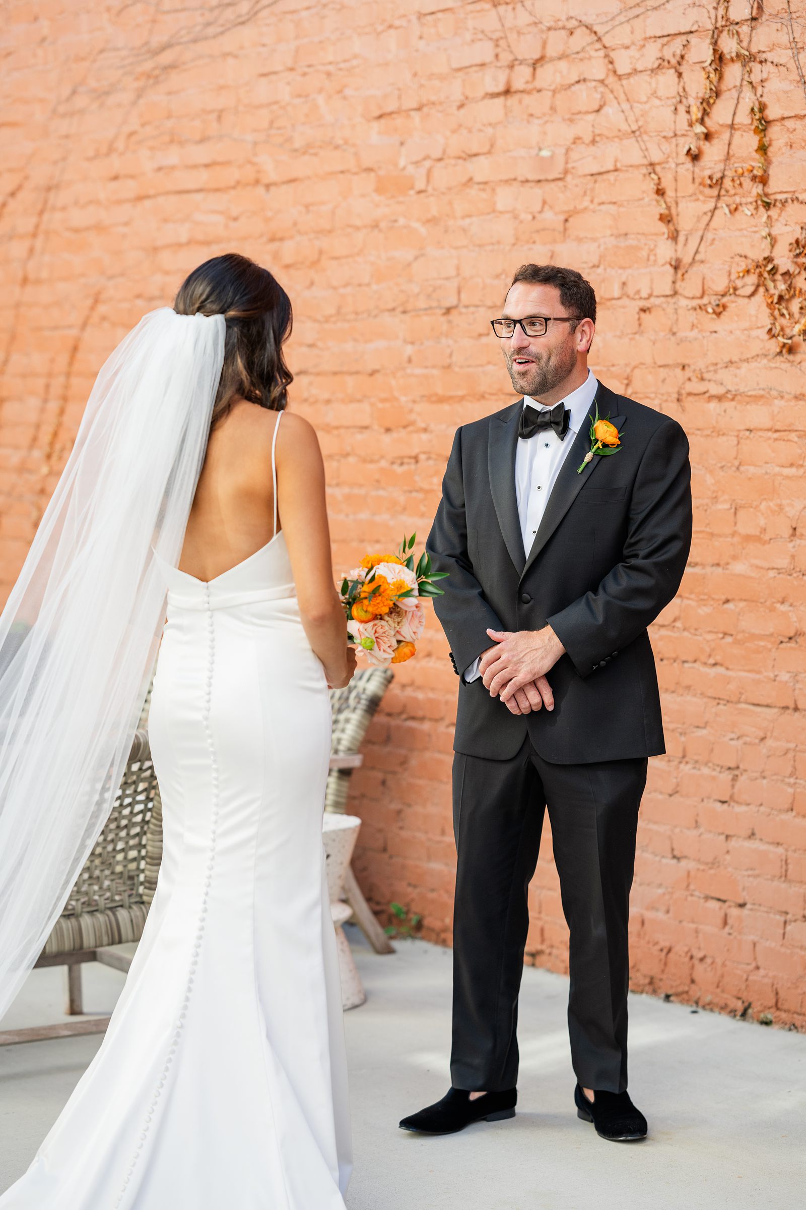 Bride and Groom First Look at Fall Common House Richmond Wedding 