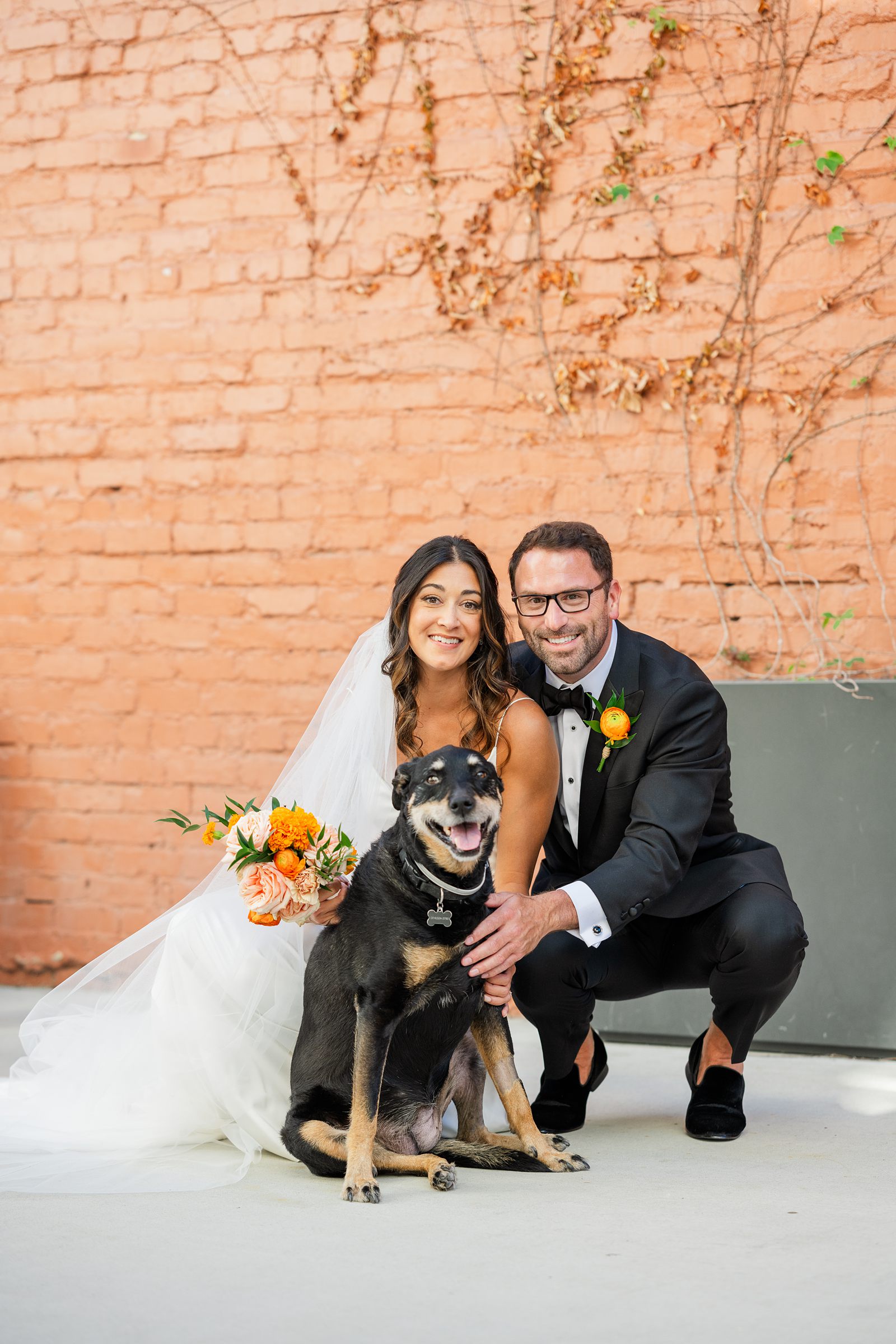Bride and Groom Portraits with Dog at Fall Common House Richmond Wedding 