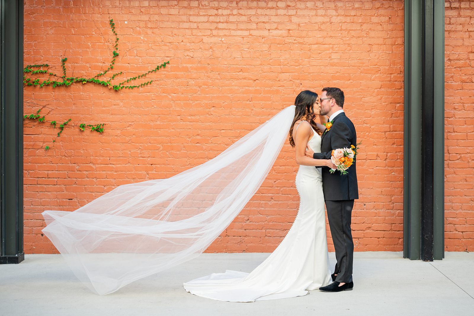 Bride and Groom Portraits with Veil in City at Fall Common House Richmond Wedding 