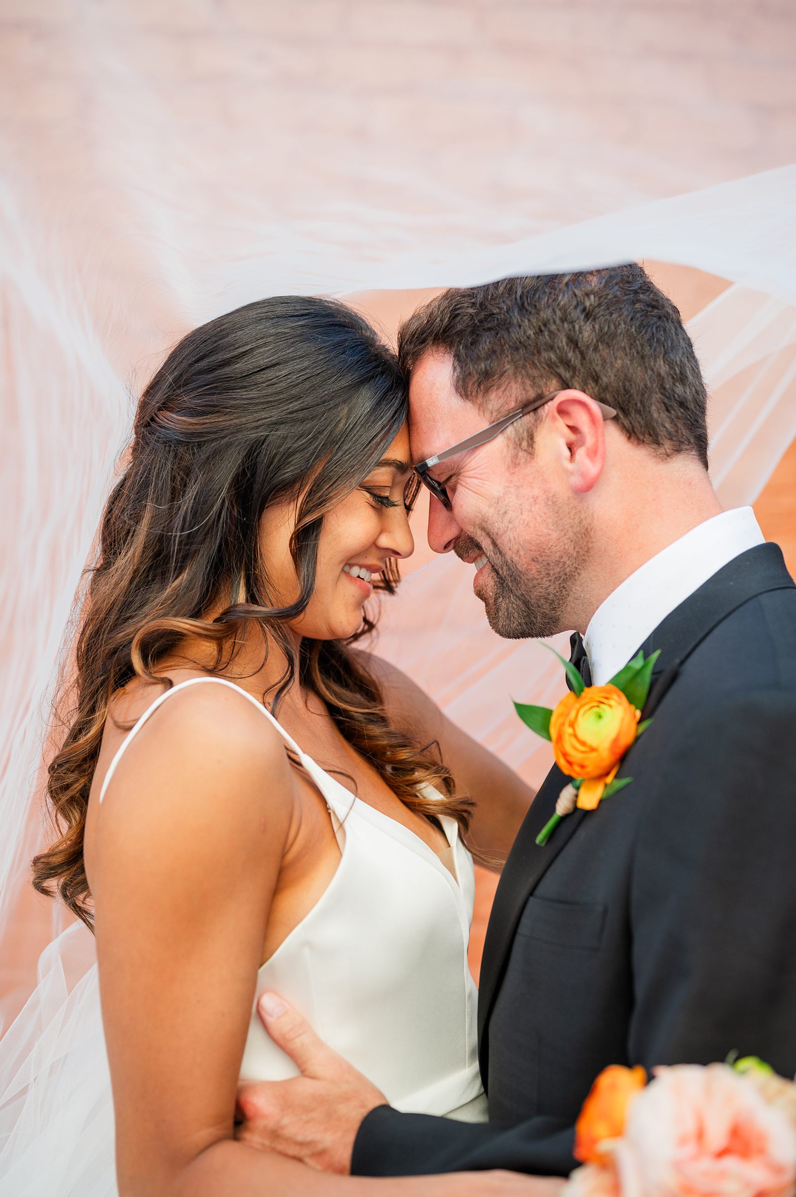 Bride and Groom Portraits with Veil in City at Fall Common House Richmond Wedding 