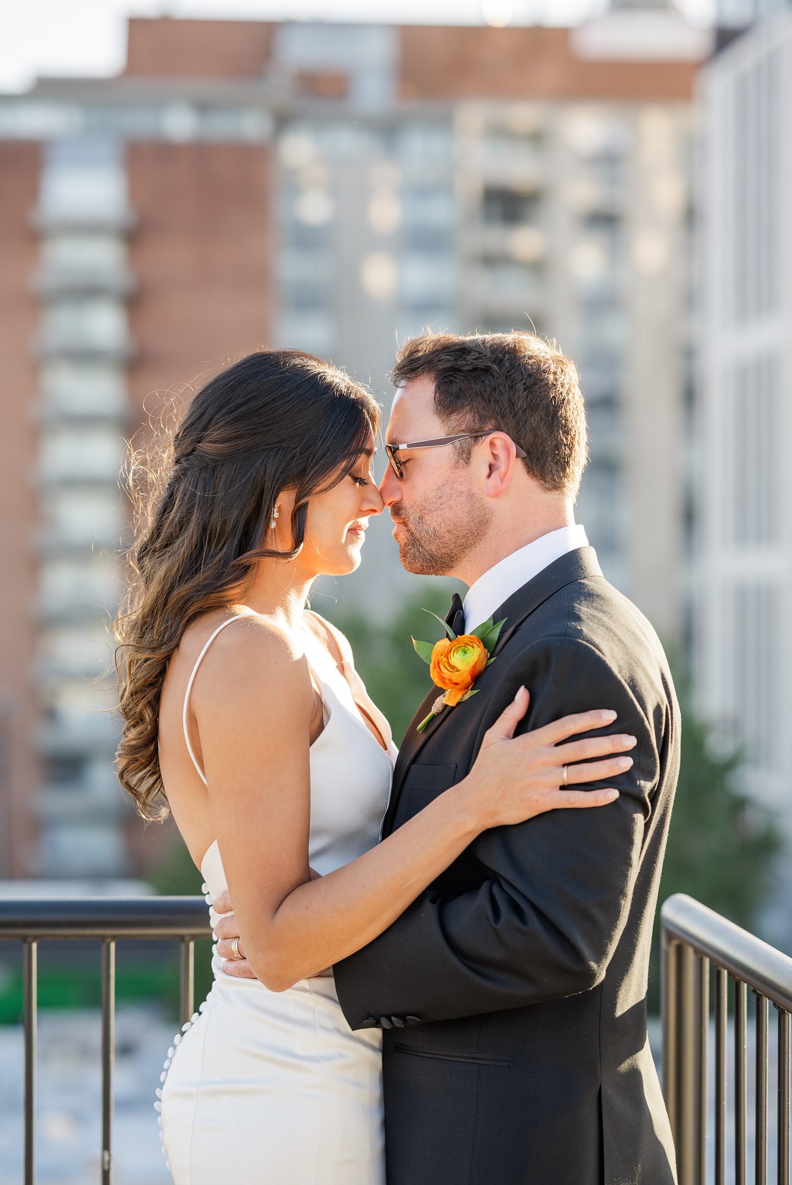 Bride and Groom Sunset Portraits in City at Fall Common House Richmond Wedding 