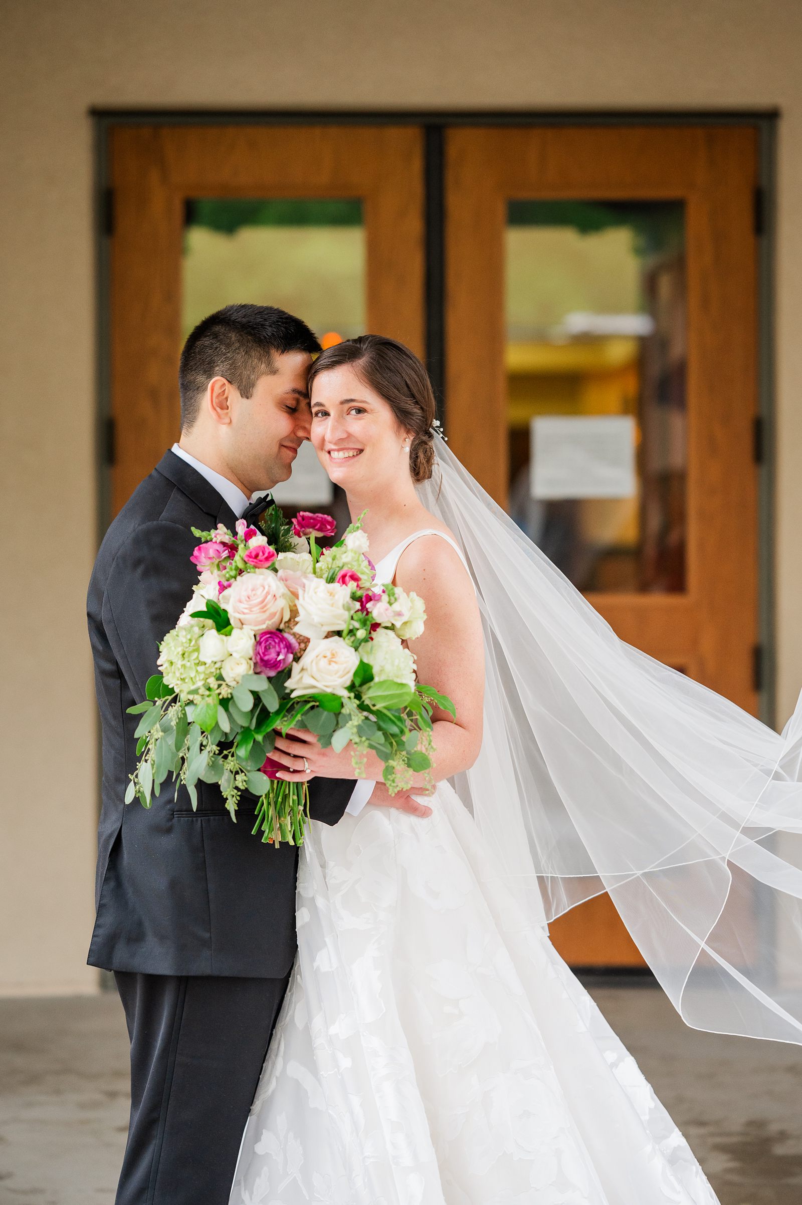 Bride and Groom Portraits with Veil at Fall Hermitage Country Club Wedding 