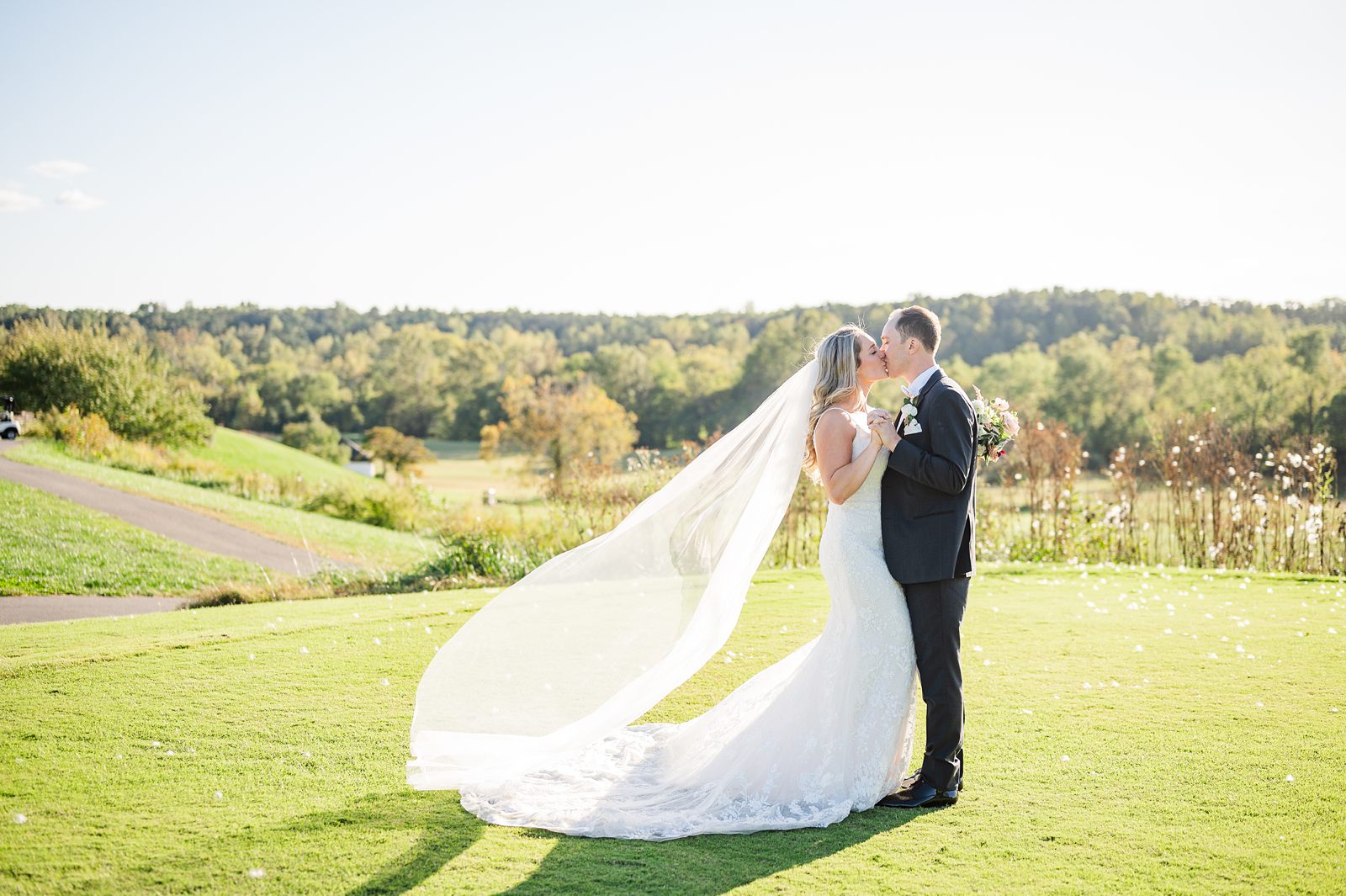 Bride and Groom portraits with veil in the mountains at the club at glenmore wedding in fall