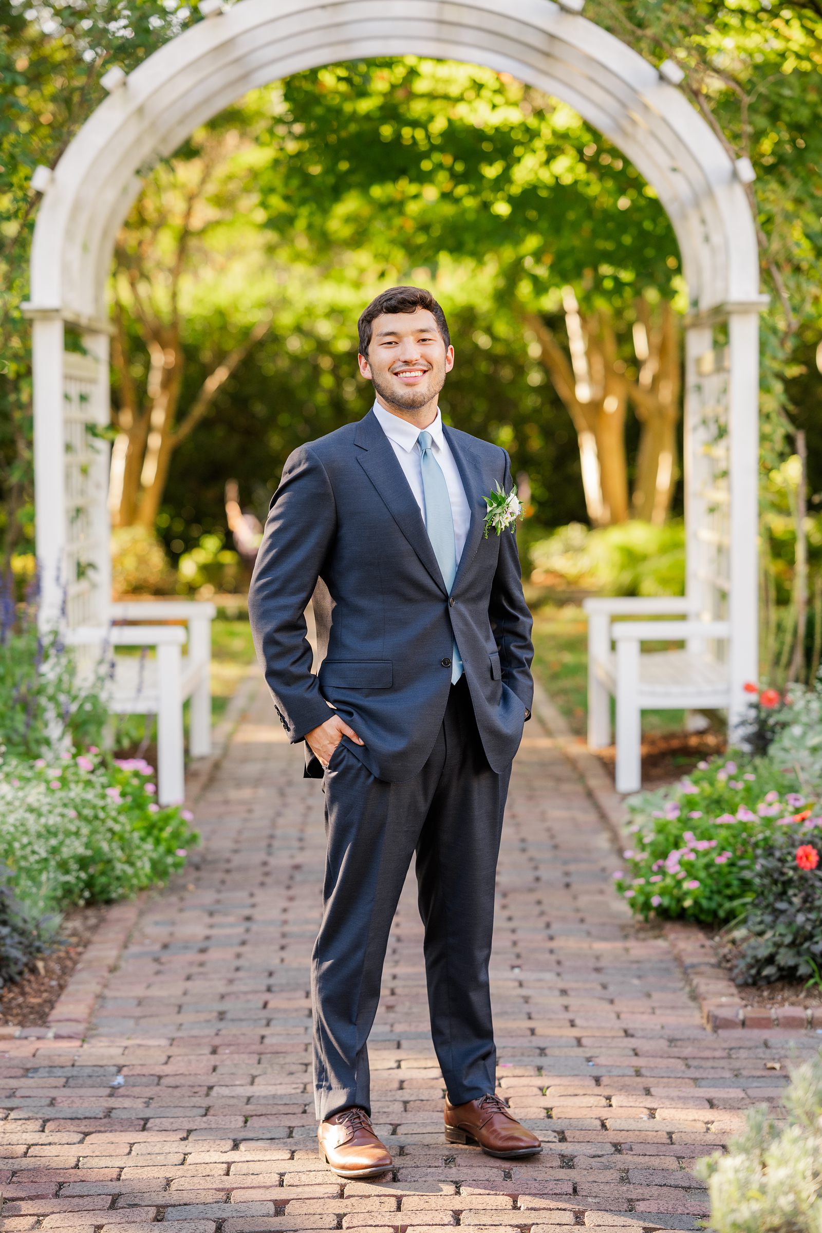 Groom Portraits in the Garden at Fall Lewis Ginter Wedding 