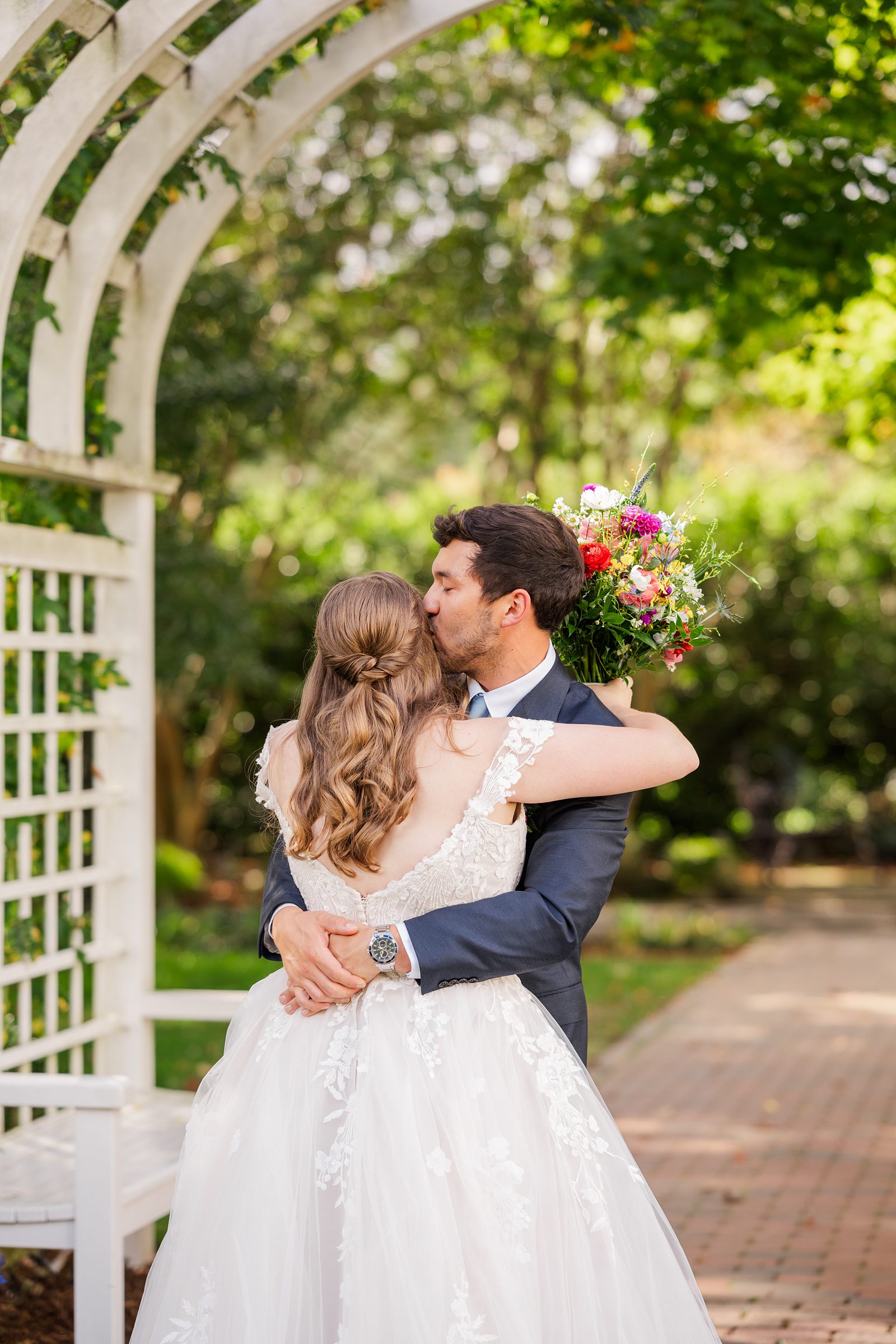 Bride and Groom First Look Portraits in the Garden at Fall Lewis Ginter Wedding 