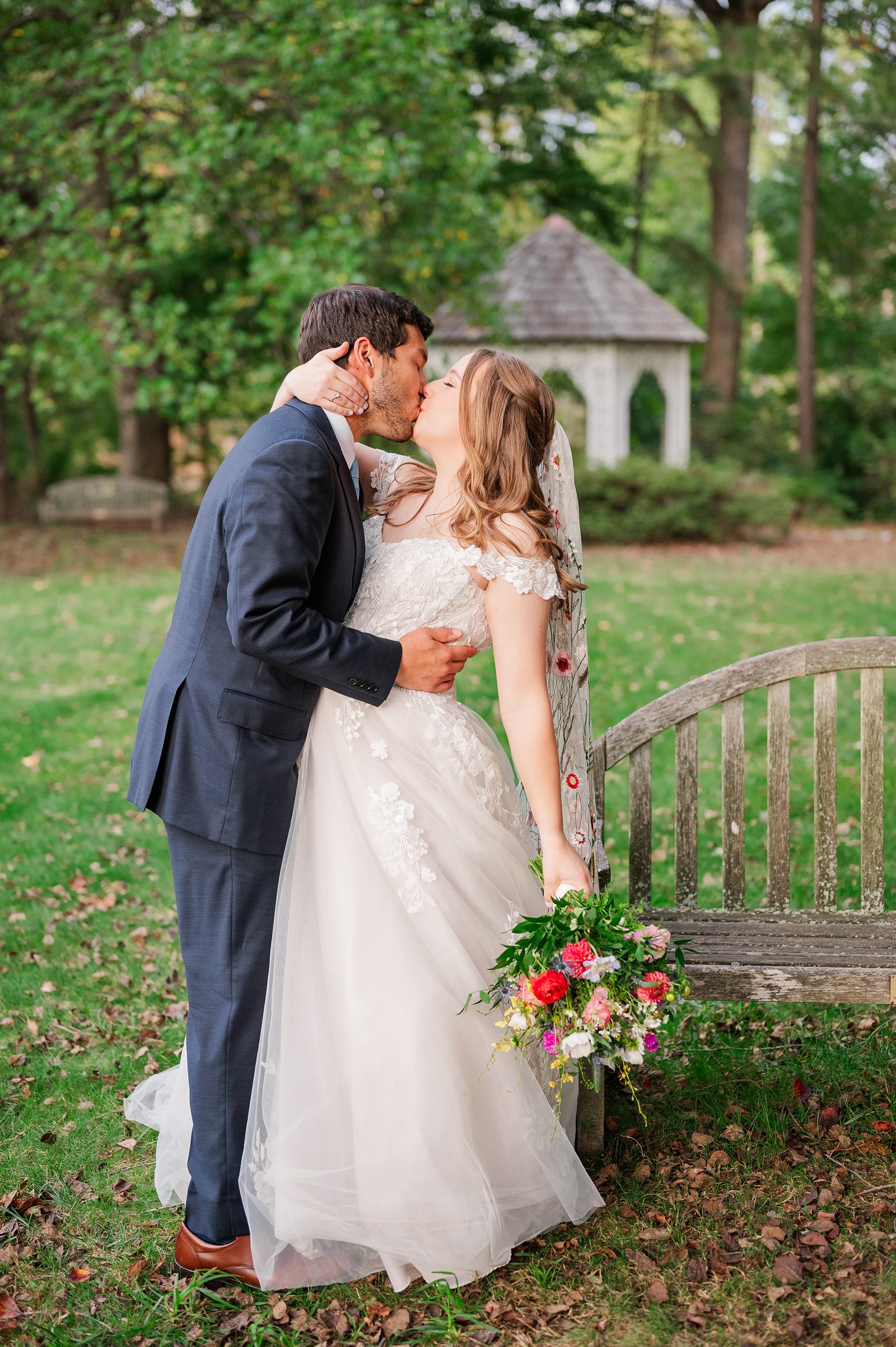 Bride and Groom Portraits at Fall Lewis Ginter Wedding in Rose Garden