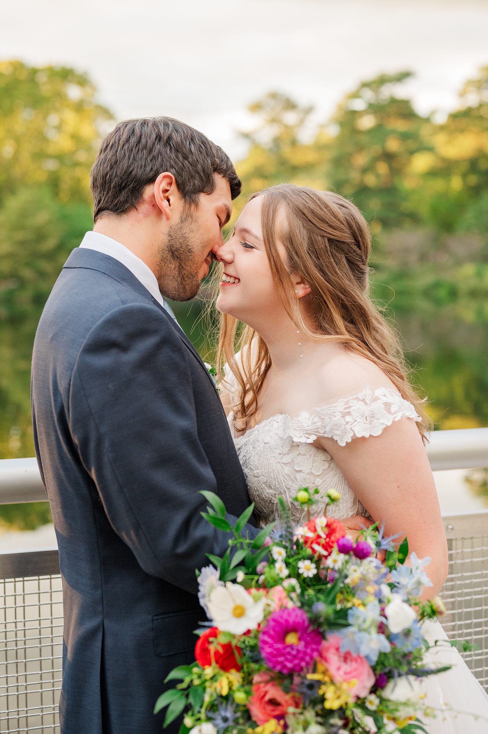 Bride and Groom Portraits at Fall Lewis Ginter Wedding in Rose Garden