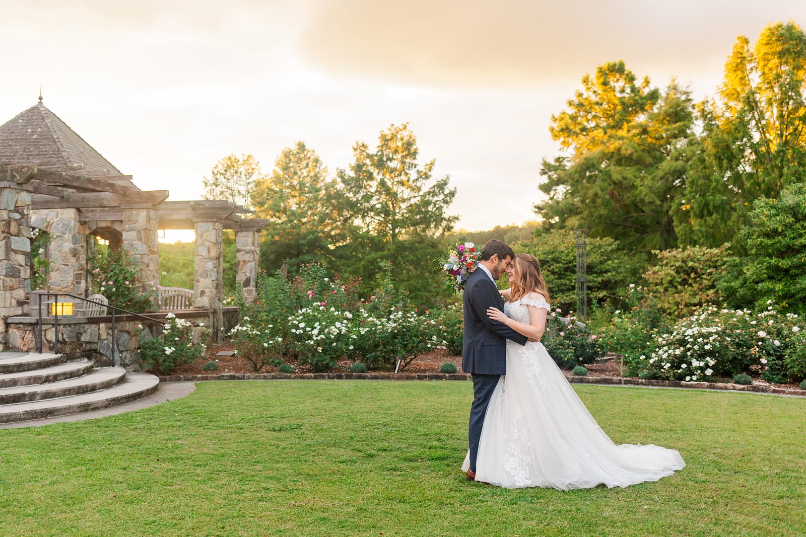 Bride and Groom Portraits at Fall Lewis Ginter Wedding in Rose Gardenv